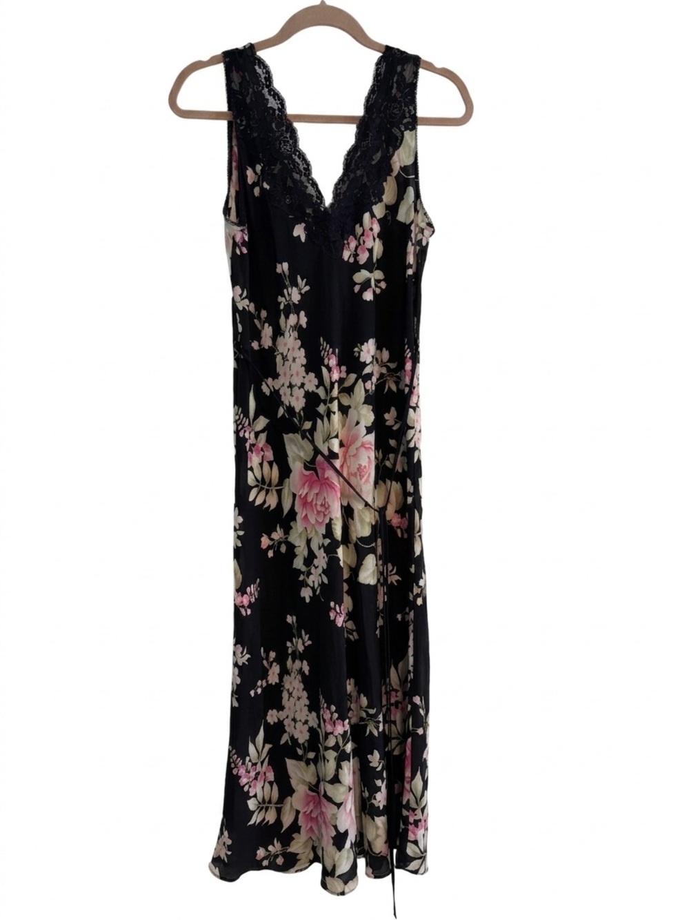 Oscar de la Renta Vintage Black Floral Lace Slip Dress Night Gown Maxi Y2K